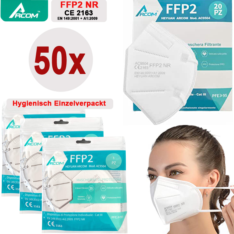 ARCOM FFP2 Mundschutz Masken 5-lagig CE ZERTIFIKAT 50er Pack